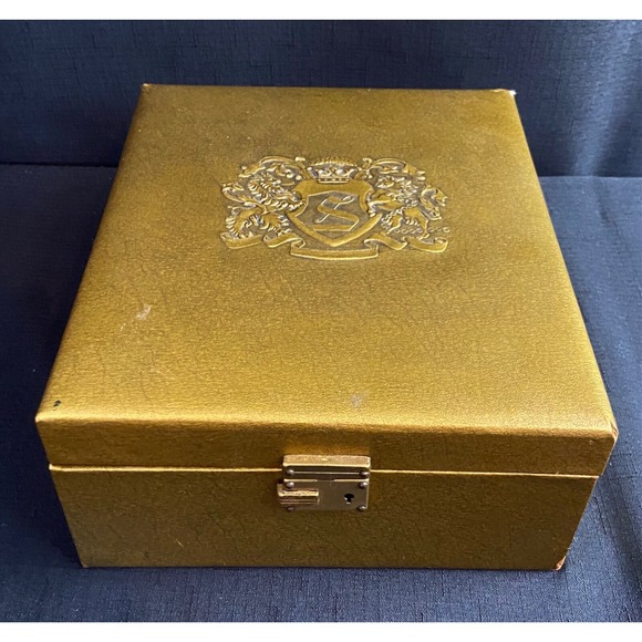 Vintage Gold Jewelry Box Blue Velvet Lining Japan Hinged Metal Crest Design - Picture 3 of 10